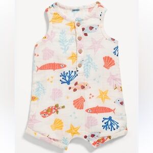 EUC Old Navy Unisex Cotton‎ Sleeveless Henley Romper 12-18 month sea life print